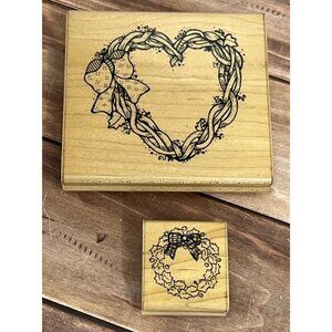 DOTS JRL DESIGN GRAPEVINE & HOLLY BERRY WREATH WOOD MOUNT RUBBER STAMP SET OF 2